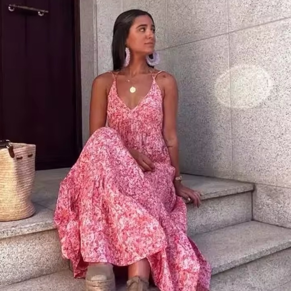 ZARA WOMENS FLORAL SUMMER V NECK BACKLESS DRESS IN PINK SIZE: LARGE 100% COTTON - Picture 3 of 13